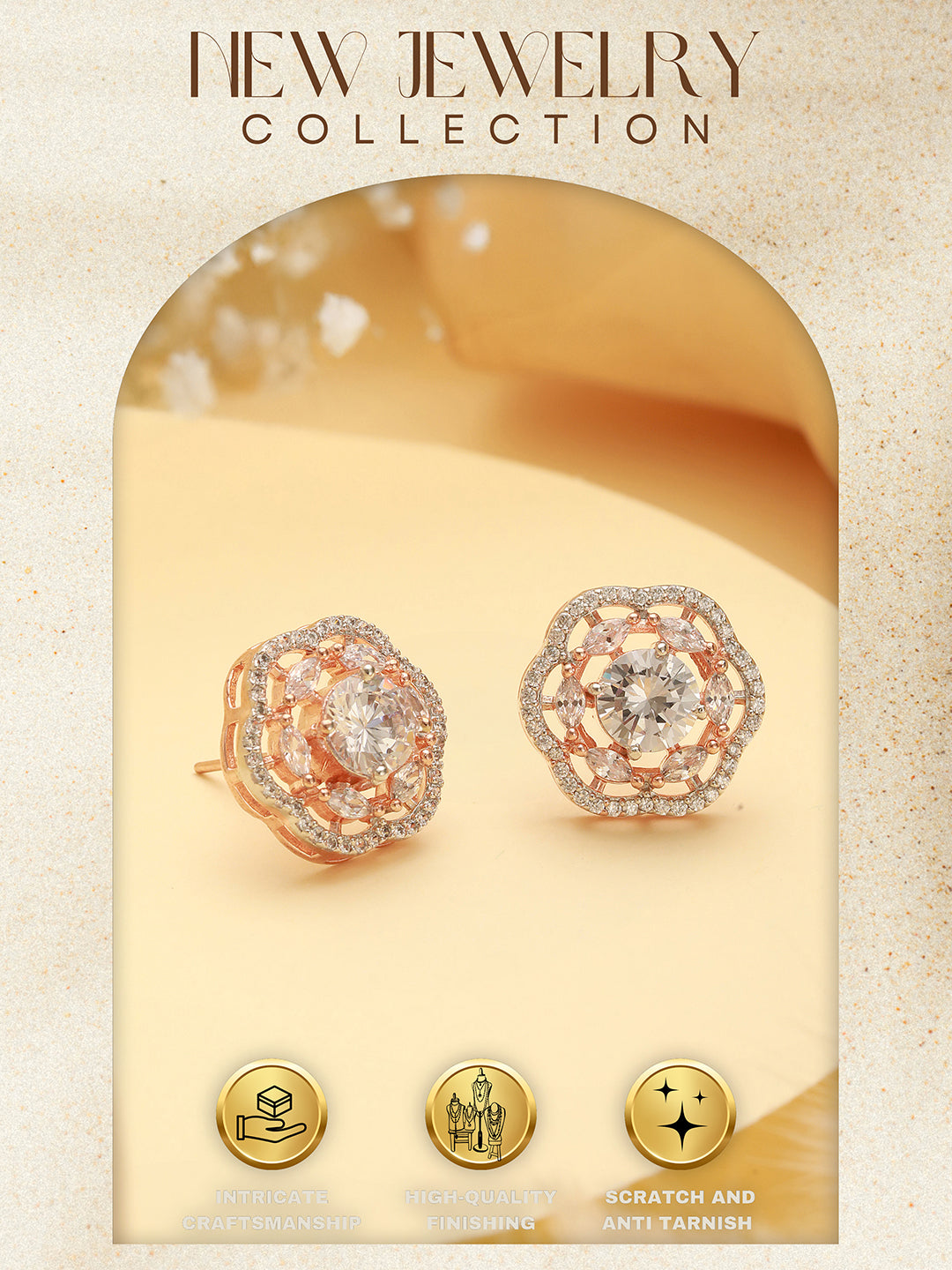 Rose Gold Polished White AD Studded  Floral Minimal Solitaire  Studds Earrings
